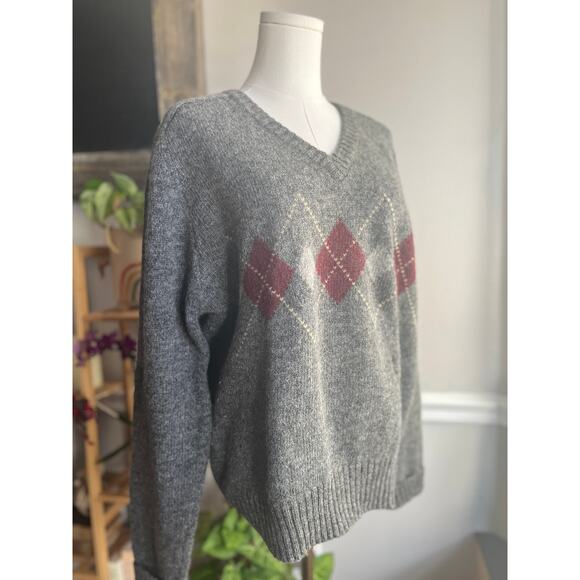 Vintage 90s Gray White Red Argyle Shetland Wool Sweater Size Large - Picture 3 of 6